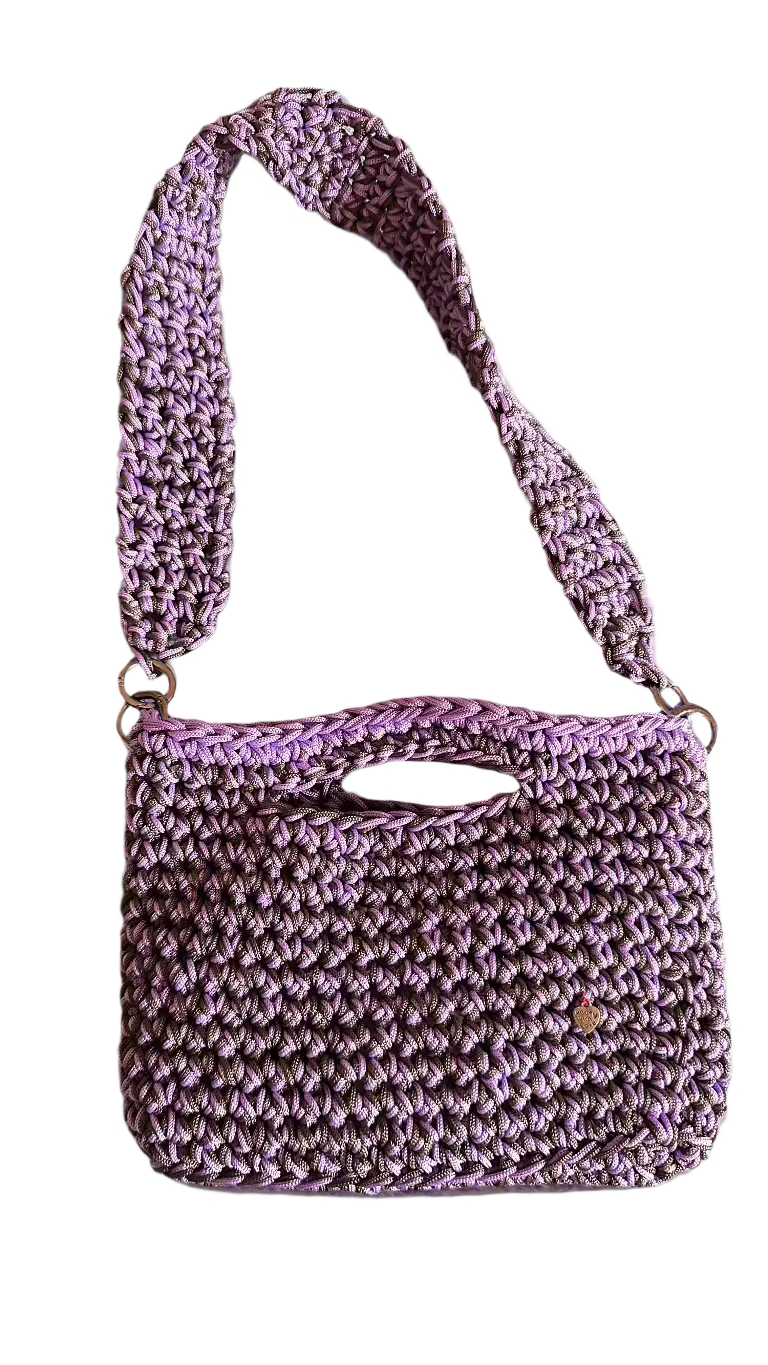 handmade crochet bag with handles lilla & dark green
