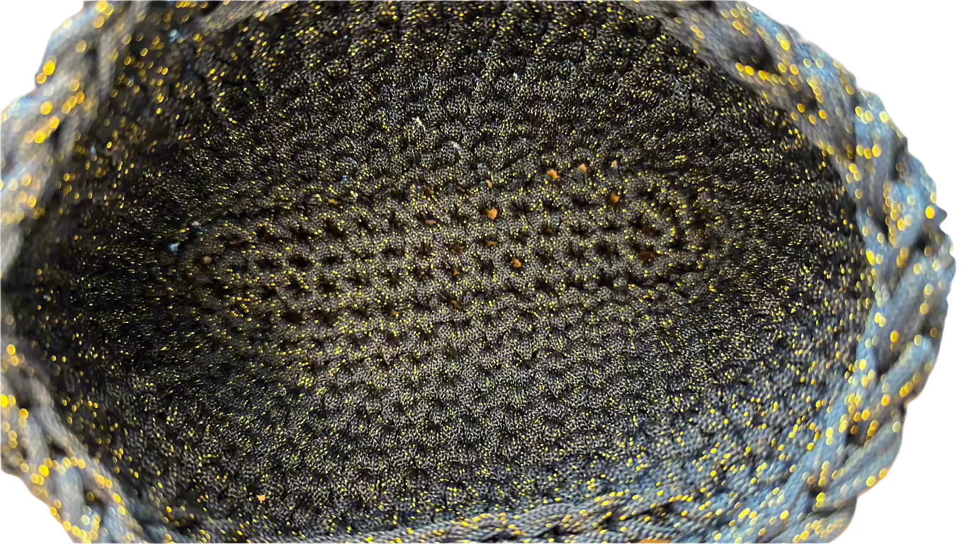 <img ="creaturina_bag.png" alt="Marzina mini bag uncinetto blu e oro"