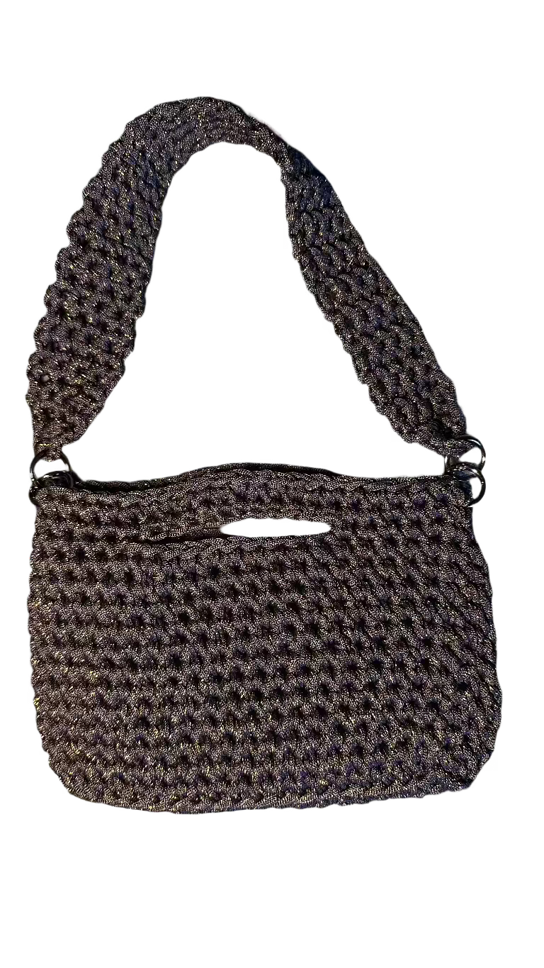handmade crochet bag with handle sparkly blue