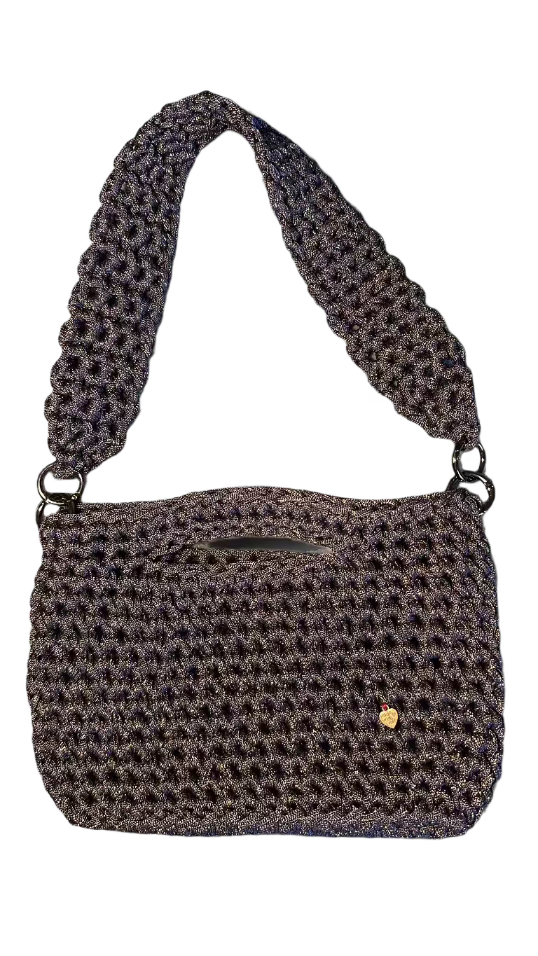 handmade crochet bag with handle sparkly blue