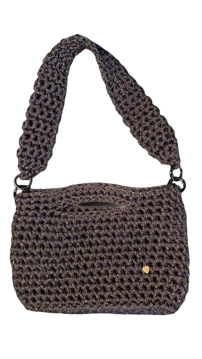 handmade crochet bag with handle sparkly blue